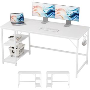Bureau Computer Tafel Laptop Tafel Met Stabiele Kantoortafel Met 2 Laags Opslag Studie Kantoor Slaapkamer 152 x 60 cm Wit