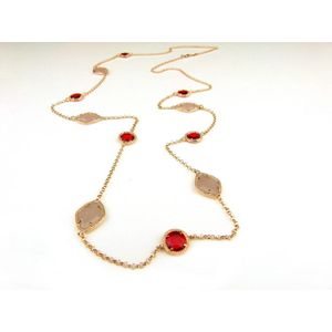 Zilveren halsketting halssnoer collier roos goud verguld Model Pret a Porter met roze en rode stenen