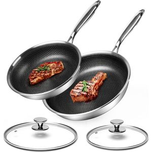 Premium pannenset van roestvrij staal, 24 + 28 cm, braadpan met deksel, antiaanbaklaag en krasbestendige honingraatpan, grote braadpan, inductie, paalvrij, ovenvast