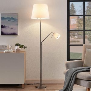 Lindby - vloerlamp - 1licht - stof, metaal - H: 175 cm - E27 - wit, nikkel gesatineerd