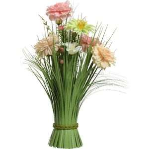 Everlands Kunstgras boeket bloemen - anjers - roze tinten - H40 cm