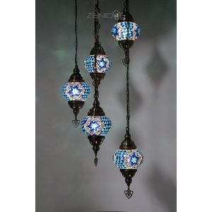 Turkse Lamp - Hanglamp - Mozaïek Lamp - Marokkaanse Lamp - Oosters Lamp - ZENIQUE - Authentiek - Handgemaakt - Kroonluchter - Blauw - 5 bollen