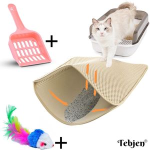 TEBJEN XXL Kattenbakmat - Met Speelgoedmuisje En Schepje - Schoonloopmat Kattenbak – Katten Grit Opvanger – Dubbele Waterdichte Laag – Uitloopmat Kattenbak – Kattenverzorging – Kattenbak Accessoires - Kat Benodigdheden - Licht Bruin - 55cm * 75cm