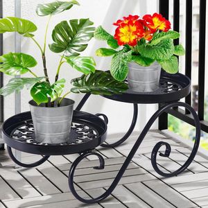 Green Harmony Bloemenstandaard 2-traps roestwerend ijzer zwart plantenrek - indoor outdoor bloemenbank - metalen plantenkruk tuin plantenrek