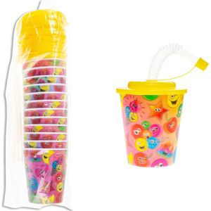 12 STUKS VROLIJKE SMILEY 3D Drink Beker met Rietje en Deksel - 250ML - Smiley Plastic Bekers - Kinderfeestje - Kinderverjaardag Bekertjes - Traktatie - Uitdeelcadeaus