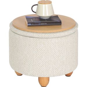Poef Met Opbergruimte - Opbergpoef - Op Poten - Bijzettafel - Krukje - 300kg Belastbaarheid - Beige Gestoffeerd - 33cm x 39xm