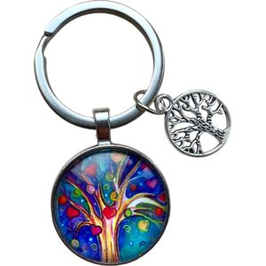 Sleutelhanger Tree of Life – Glas – Levensboom - Aquarel Effect - Azuur