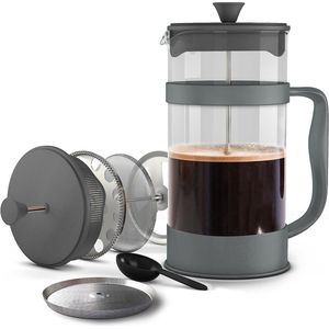 French Press Koffiezetapparaat, espresso- en theemaker met droogfilters, hittebestendig borosilicaatglas met stalen kolf, 1000 ml, grijs