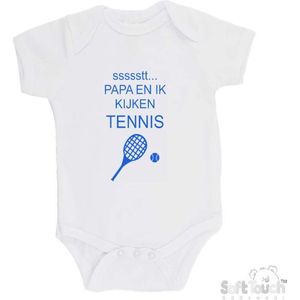 100% katoenen Romper ""ssssstt... Papa en ik kijken tennis"" Jongens Katoen Wit/blauw Maat 56/62