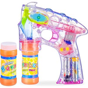 Relaxdays bellenblaas pistool LED - op batterijen - 2 flesjes vloeistof - bellenblaasmachine