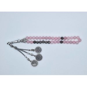 Handgemaakte naam tasbih 33 Kralen Natuursteen “Roze kwartz” - met metaal tassel “Constantinopel""- Met je naam of de naam van uw geliefde- 8 mm diameter van de korrel