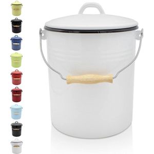 Stalen vuilnisemmer met deksel - emaille coating - houten handvat - 5 liter - wit