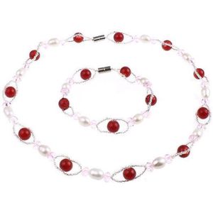 Zoetwater parel ketting set Recio - parelketting + parel armband - echte parels - wit - roze - rood - magneetslot