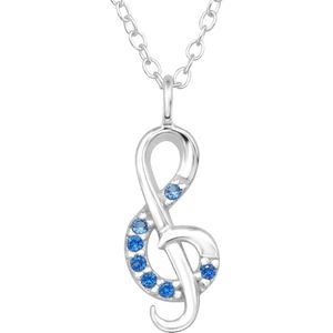 Joy|S - Zilveren muziek sleutel hanger met ketting 45 cm - met blauwe zirkonia's - muzieksleutel / muzieknoot