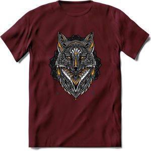 Vos - Dieren Mandala T-Shirt | Geel | Grappig Verjaardag Zentangle Dierenkop Cadeau Shirt | Dames - Heren - Unisex | Wildlife Tshirt Kleding Kado | - Burgundy - L