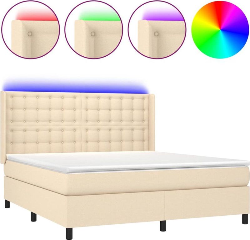vidaXL - Boxspring - met - matras - en - LED - stof - crèmekleurig - 180x200 - cm