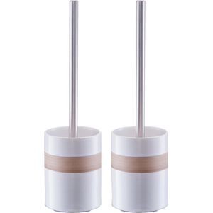Zeller WC/Toiletborstel in houder keramiek - 2x stuks - wit met beige band - 9 x 33 cm