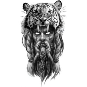 Zeus met witte ogen en Tijger Sleeve Tattoo | Tijdelijke tattoo sleeve volwassenen | Neptattoo | Zeus with white eyes and Tiger Temporary Tattoo | 21,0 cm x 11,4 cm