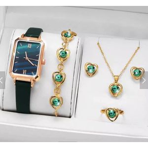 Horlogebox voor dames - geschenkdoos - cadeau set met horloge - oorbellen - ketting - armband - ring- valentijn cadeautje voor haar - Groen - goud