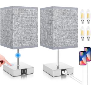 Nachtlampje, bedlampje, dimbare set van 2 tafellampen voor kinderen met 2 USB-poorten, warm wit 3 helderheidsniveaus instelbaar, E14-tafellampen voor woonkamer, slaapkamer, 4 gloeilampen