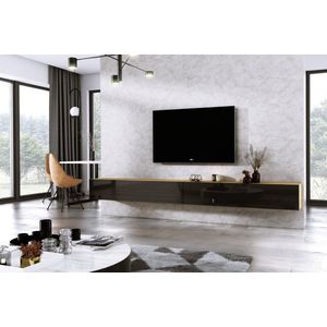 Meubel Square - TV meubel DIAMOND - Eiken / Hoogglans Zwart - 300cm (2x150cm) - Hangend TV Kast