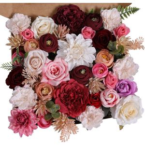 Kunstbloemkoppen, rozen, pioenrozen, dahlia's, bloemhoofden, zijden bloemen, kunstbloemen voor feest, doe-het-zelf, bruid, bruiloft, bloemstukken, combo decoratie (wijnrood, roze)