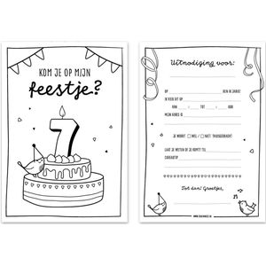 Uitnodigingen kinderfeestje 7 jaar | 10x A5 formaat, in te kleuren | Kom je op mijn feestje? | Thuismusje