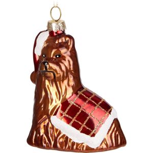 BRUBAKER Herdershond Bruin met Tartan Deken en Kerstmuts in Rood Goud - Handbeschilderde Kerstbal van Glas - Handgeblazen Kerstboomversieringen Figuren Grappige Decoratieve Hangers Boombal - 9,4 cm