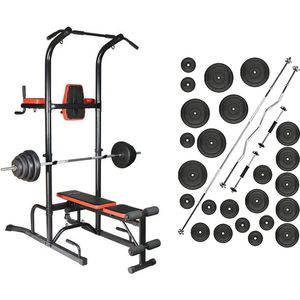 Dip Rack Halterbank  - Pull up Toren - Dip Station - Push Up Bar inc. 105 kg GEWICHTEN + Sportbank Fitnessbank + halterschijven + 4 halterstangen - multifunctioneel - volledig instelbaar - Opklapbaar