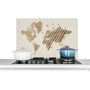 Spatscherm keuken 90x60 cm - Kookplaat achterwand Wereldkaart - Touw - Bruin - Muurbeschermer - Spatwand fornuis - Hoogwaardig aluminium