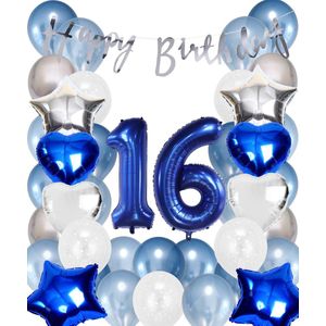 Snoes Ballonnen 16 Jaar Set Mega Blauw Zilver Ballon - Compleet Feestpakket Cijferballon 16 Jaar - Verjaardag Versiering Slinger Happy Birthday – Folieballon – Latex Ballonnen - Helium Ballonnen - Sweet Sixteen