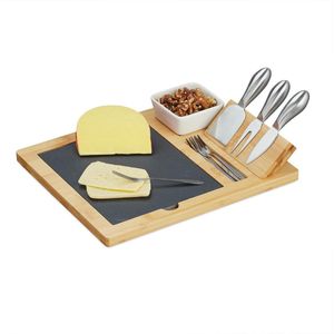 Bamboe kaasplank met leistenen plaat en kaasbestek - 3-delige set voor het serveren van kaas