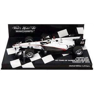 The 1:43 Diecast Modelcar of the Sauber C29 #22 of the German GP 2010. The driver was Pedro de La Rosa. The manufacturer of the scalemodel is Minichamps.This model is only online available
