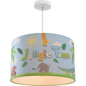Olucia Jungle Time - Kinderkamer hanglamp - Stof - Blauw - Cilinder - 30 cm