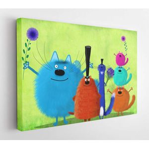 A big company of colorful cats with top hats and flowers standing on the beautiful light green background - Modern Art Canvas - Horizontal - 679734361 - 80*60 Horizontal