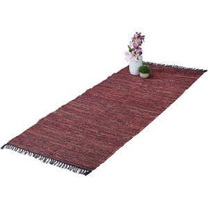 Relaxdays vloerkleed - leder en katoen - tapijt - antislip - chill mat - lappen - franjes - Rood, 80 x 200 cm