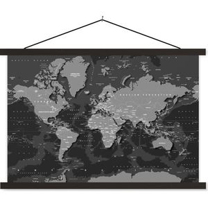 Posterhanger incl. Poster 150x100 cm - Schoolplaat - Abstracte wereldkaart met donkere schaduwen - zwart wit - Textielposter - Zwarte latten