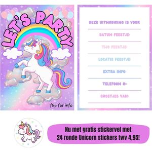 Uitnodiging kinderfeestje - Kinderfeest - Uitnodigingen - Verjaardag - Feest - Eigen design en print - Wenskaart - Unicorn - 20 stuks - A6