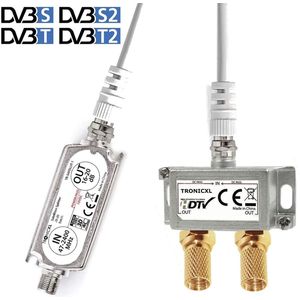 TronicXL Premium 2-voudige antenneverdeler splitter met satellietversterker digitaal HD I voor satelliet TV DVBT DVBS Unicable 3D 4K HDTV I verdeler zachte inline voor 2 tv's (2-voudig zilver)