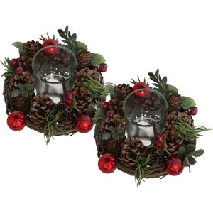 Set van 2x stuks kerst thema kaarsenhouders ornamenten red/green nature 16 cm - kaarsjes branden tafel decoratie