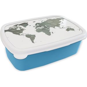 Broodtrommel Blauw - Lunchbox - Brooddoos - Wereldkaart - Waterverf - Grijs - 18x12x6 cm - Kinderen - Jongen