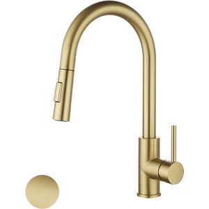 LifeStages® Golden Keukenkraan, Vlekvrij, Keukenmengkraan, Uitschuifbare Keukenkraan met Douche, Twee Waterstraalsoorten, Eéngreeps Wastafelkraan, 360° Draaibaar, Geborsteld Goud