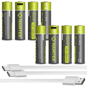 Namtek Oplaadbare batterijen AA 1.5V 2600 mWh met USB Type-C Kabel opladen - Lithium USB batterijen - Duurzame Keuze - 8 stuks