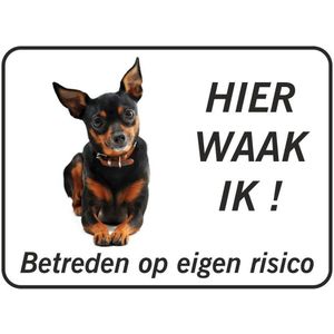 Hier waak ik bord Dwergpinscher (20x15 cm) met dubbelzijdige tape