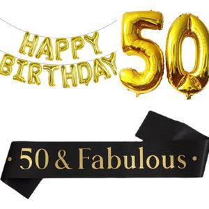 3-delige decoratie set 50 & Fabulous met zwart met gouden sjerp en ballonnen - sarah - abraham - 50 - jubileum - verjaardag - sjerp - ballon - decoratie