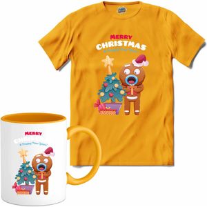 Merry christmas - oliebol buddy - T-Shirt met mok - Dames - Geel - Maat XXL