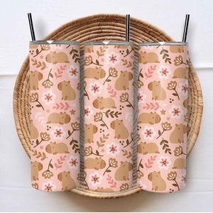Creasowl® - Roze Capybara Patroon - Tumbler - Geïsoleerde roestvrijstalen Capibara isoleerfles - Thermoskan - Thermosbeker - Thermosfles 590ml - Travel Mug - Theebeker - Thermos beker - Draagbare drinkfles - RVS - Lekvrije Koffiebeker to go