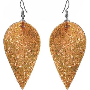 Fako Bijoux® - Oorbellen - Omgekeerde Druppel - Glitter - Kunstleer - Oranje Goud