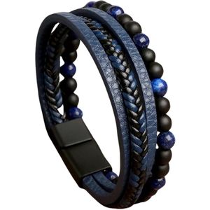 Armband heren 21 cm leer blauw - Zwart kleurige sluiting staal - 4 delig set - Blauw leer gevlochten armband voor mannen met kralen - Heren armband voor hem - Luxe Leer en Kralen armband 21cm