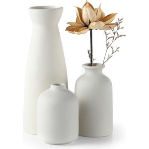 Witte keramische vazen, 3-delige set, kleine bloemenvazen voor decoratie, moderne rustieke boerderij, huisdecoratie, decoratieve vazen voor pampasgras, gras en gedroogde bloemen, ideeënrek, tafel, boekenkast, mantel